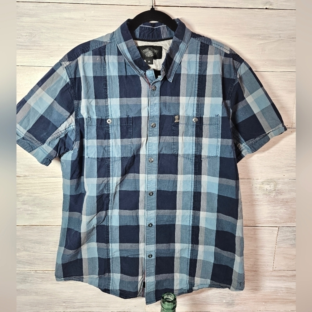 HARLEY DAVIDSON Blue Plaid Shirt Size XL Snap front and  collar Short Sl…